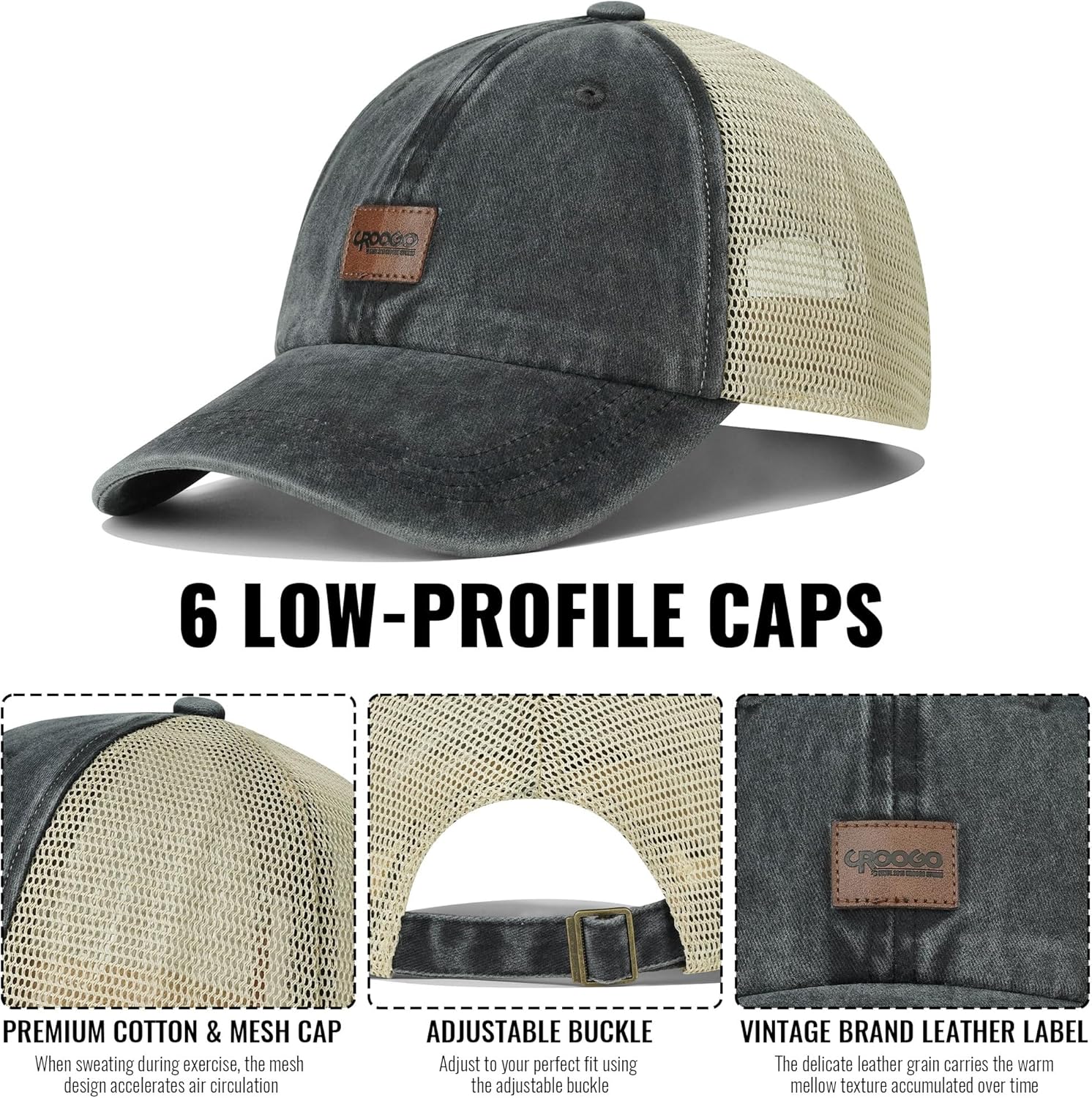 Croogo Men's Adjustable Mesh Back Cap Curved Bill Snapback Mesh Baseball Cap Retro Washed Trucker Cap Breathable Sun Hat - Image 4