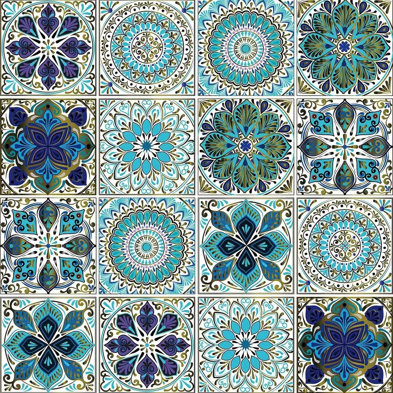 16PCS 5x5 Inch Mandala Tile Stickers, Peel and Stick Self Adhesive Removable Moroccan Tiles Backsplash Waterproof Oil Proof for Bathroom & Kitchen Wall Stickers Home Decor