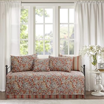 Cozy Line Home Fashions 100% Cotton 3-Piece Red Green Cottage French Floral Country Reversible Quilt Bedding Set, Coverlet Bedspread for All Seasons Lara Spice Paisley, Daybed