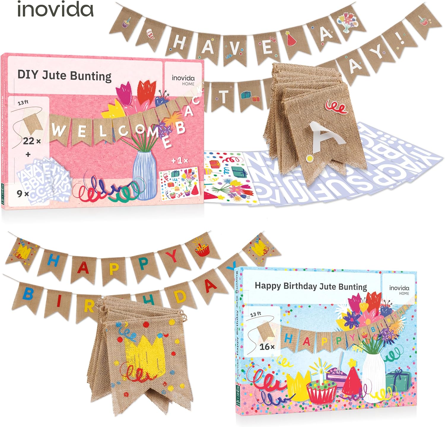 Happy Birthday Banner – 13 ft Reusable Burlap Pennant Garland – Colorful Party Bunting for Kids and Adults – Birthday Decorations – by Inovida