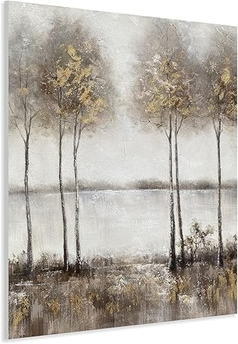 Yihui Arts Pintura de árbol pintada a mano sobre lienzo rústico con detalles de lámina dorada, obra de arte de paisaje vertical para decoración de