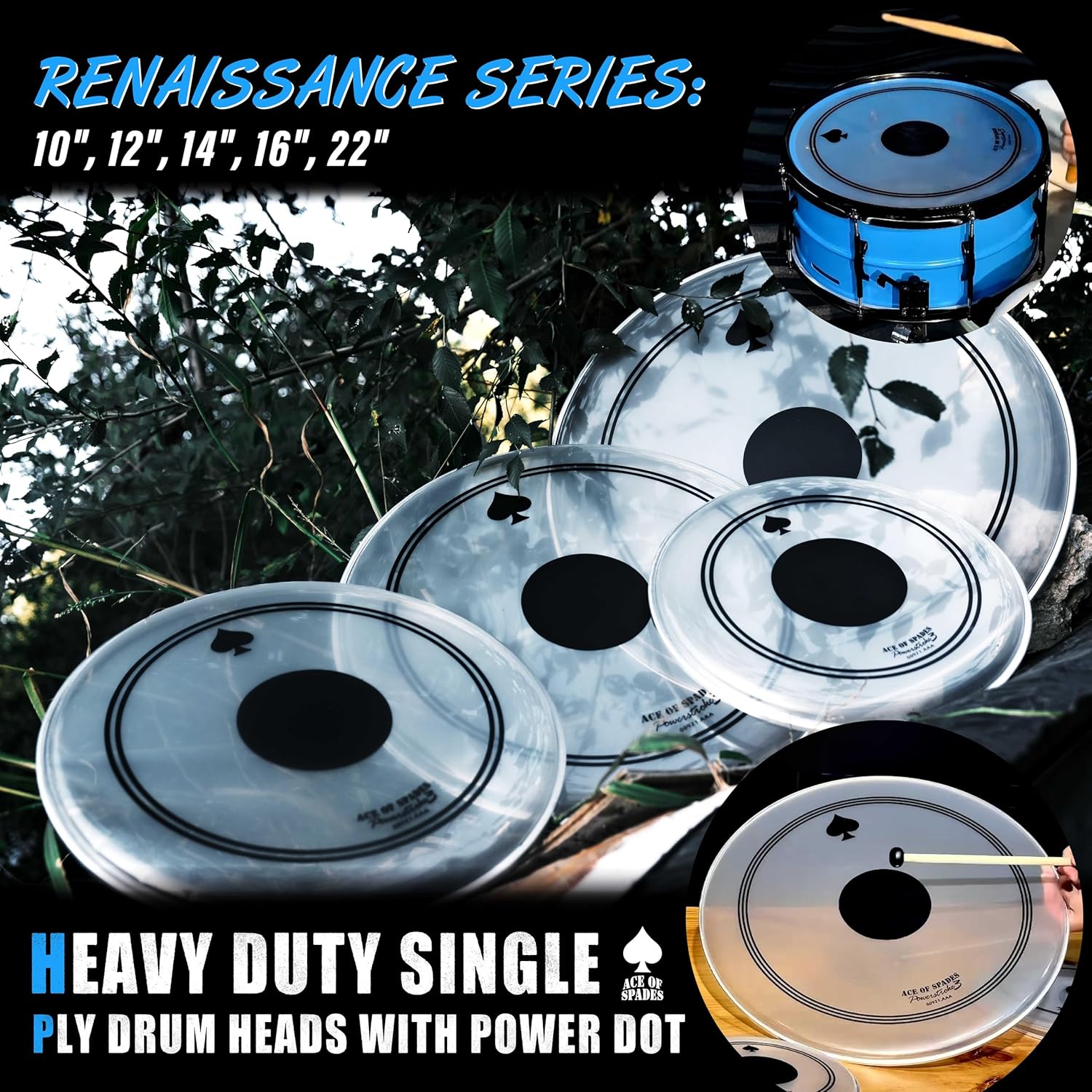 5-Piece Reinforced Drum Head Set – 10-22" with Black Dot for Dent Resistance & Deeper Bass, Double Durability, Enhanced Punch & Warmth, Frosted 10mil PET + 0.28mm Patch for Standard Kits