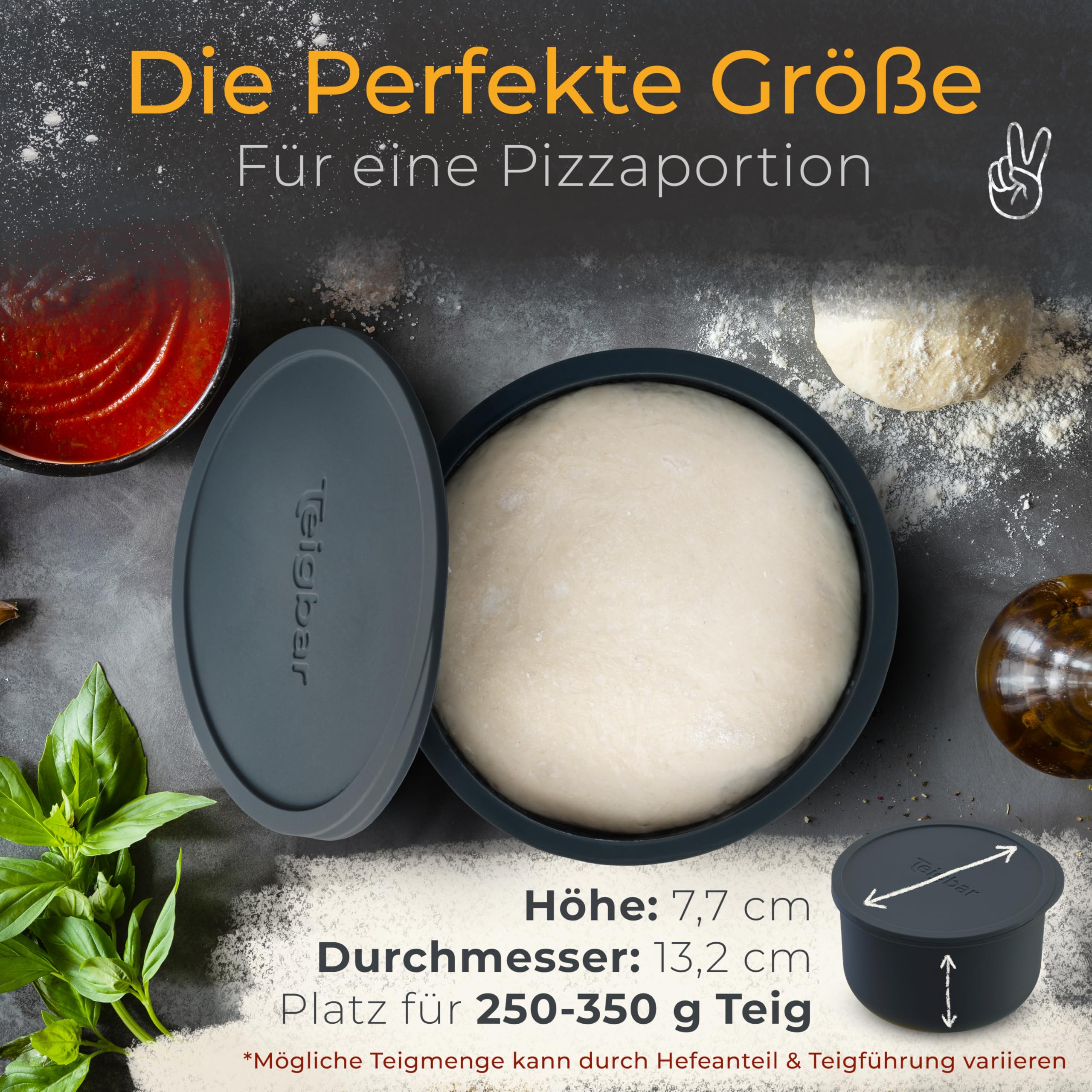 Teigbar« Pizzaballenbox mit Deckel, 4er Set - platzsparende Teigbox aus löse-leichtem Silikon - bis zu 350g Pizzateig Box mit Deckel, Pizza Box - Schwarz/Grau - Ø13cm
