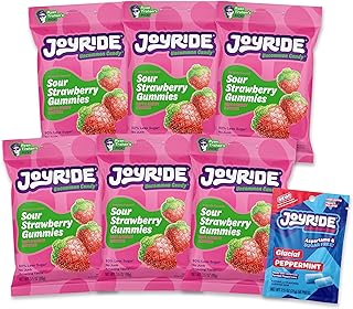 JOYRIDE Sour Strawberry - Low Sugar Healthy Candy, 6-Pack Bundle | Includes six 3.5 oz bags with bonus 2.5 oz Glacier Peppermint Gum pack. Low Sugar, Dye Free, Low Calorie Sour Gummies