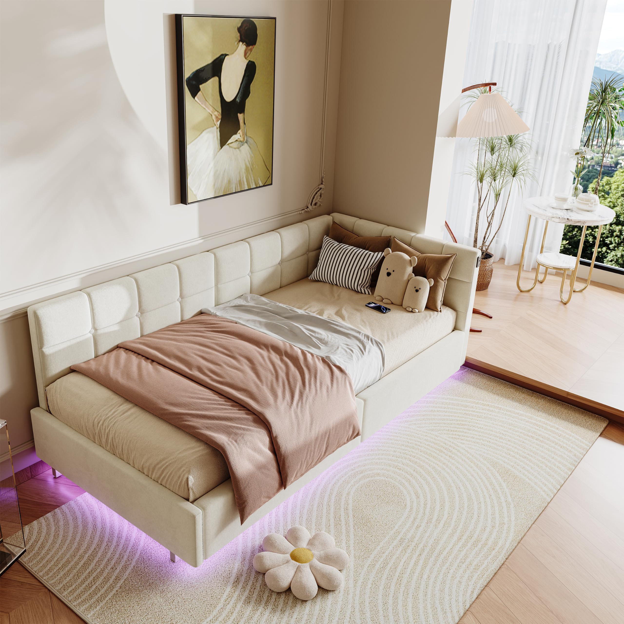 Veyrixan 3ft Single Ottoman Daybed with LED and USB Charging,Cream