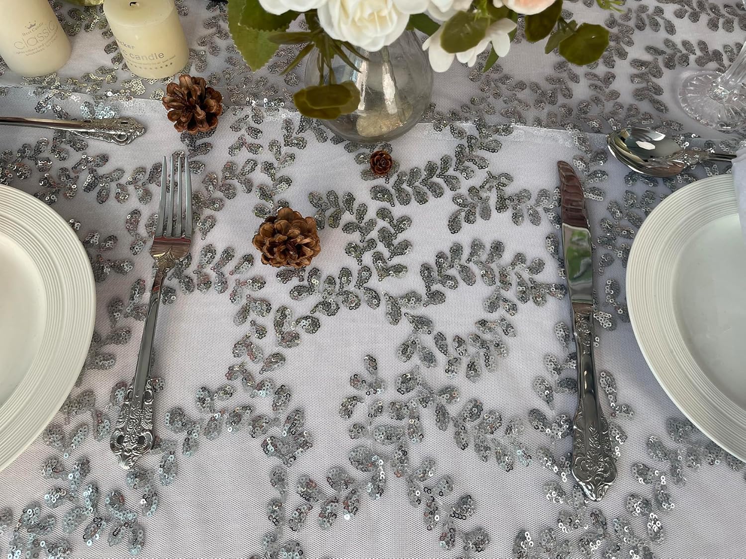 Large Embroidered Silver Table Covers 90x132 Inch,Rectangle Sparkle Glitter Sequin Tablecloth for Party Birthday Wedding