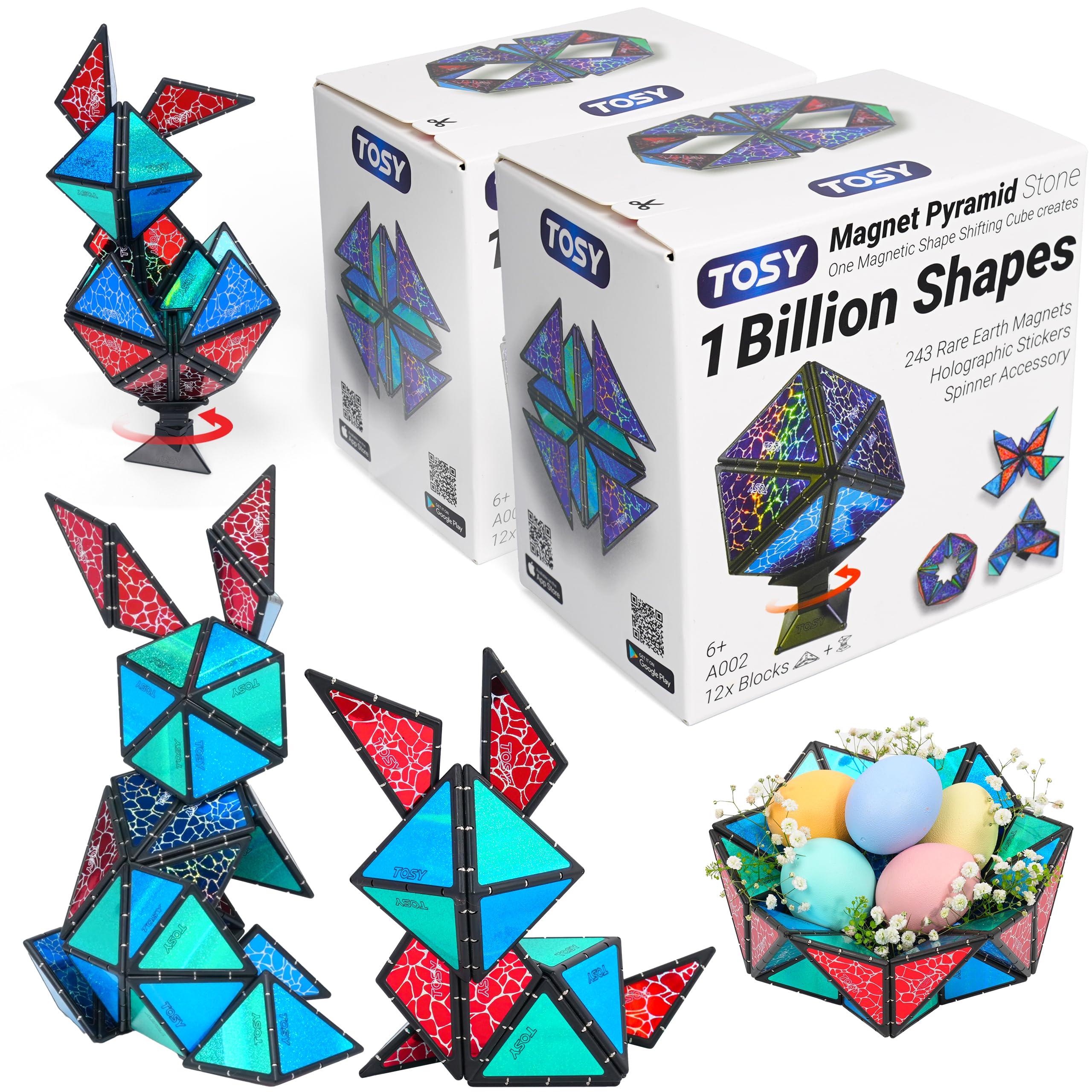 TOSY Magnet Pyramid Stone – 1 Cube Transforms into 1 Billion Shapes (Bunny, Egg Basket, Flowers, Heart…), 243 Rare Earth Magnets, Holographic Design, Puzzle/STEAM Toy, Easter Birthday Gift, 2-Pack