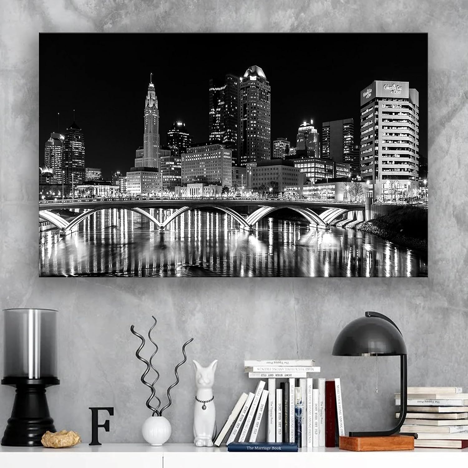 BoxColors 1 Panel of 20x30 inches Canvas Prints Wall Art Pictures Framed Columbus Ohio City black & White night Skyline Cityscape Home Decor Living Room Bedroom (C2313)