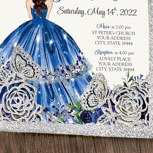 Miniatura 4 de DORIS HOME 50 invitaciones de mariposa azul para quinceañera, 15 años, dulces 16, señorita XV, tarjetas de invitación de membrillo cortado con láser