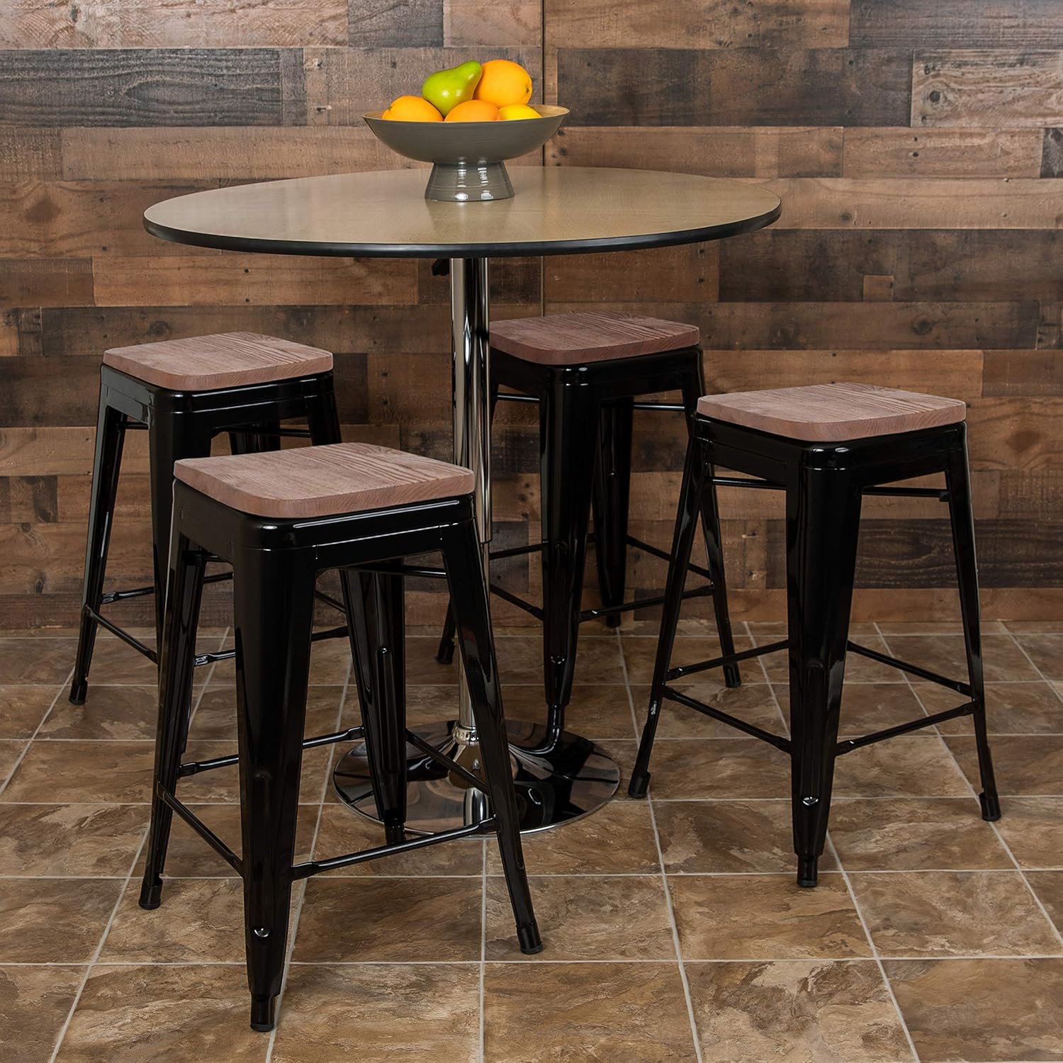 BizChair 24" High Metal Counter-Height, Indoor Bar Stool with Wood Seat in Black - Stackable Set of 4
