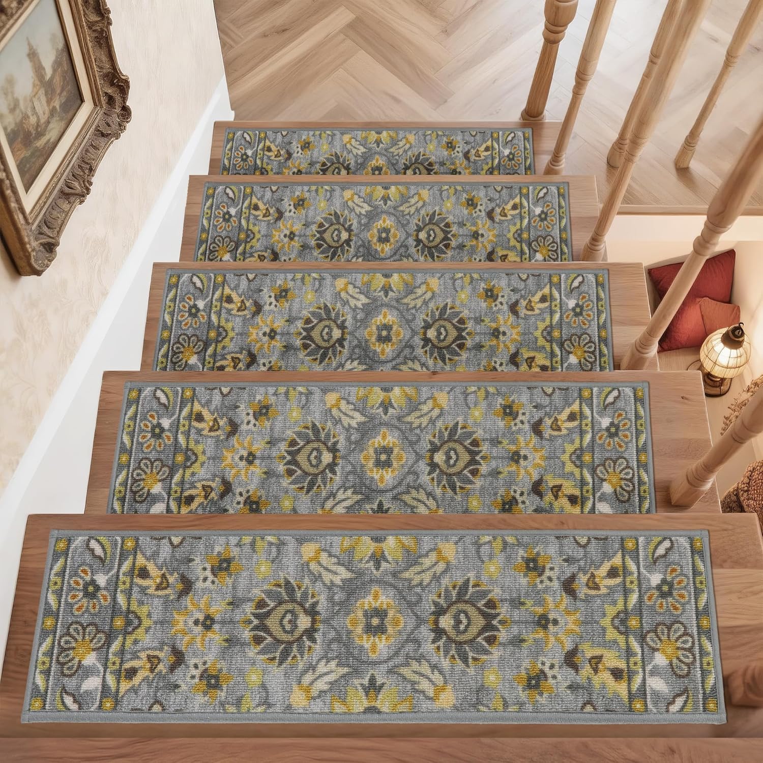 COSY HOMEER-Stair-Treads-for-Wooden-Steps Washable Indoor Stair Treads Non Slip 8" X 30" Soft Stair Carpet Treads Reusable Peel and Stick Stair Runner Rug for Kids, Elders and Pets 15pcs