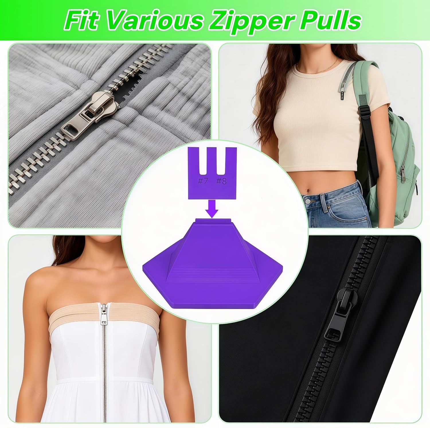 Zipper Jig Tool with Anti-Slip Silicone Base for 6 Size #1#2#3#5#7#8 Zippers,Zipper Installing Tool Handy Zip Fastener for Zippers Pulls Zip Sliders for Dresses & Pants (Purple)