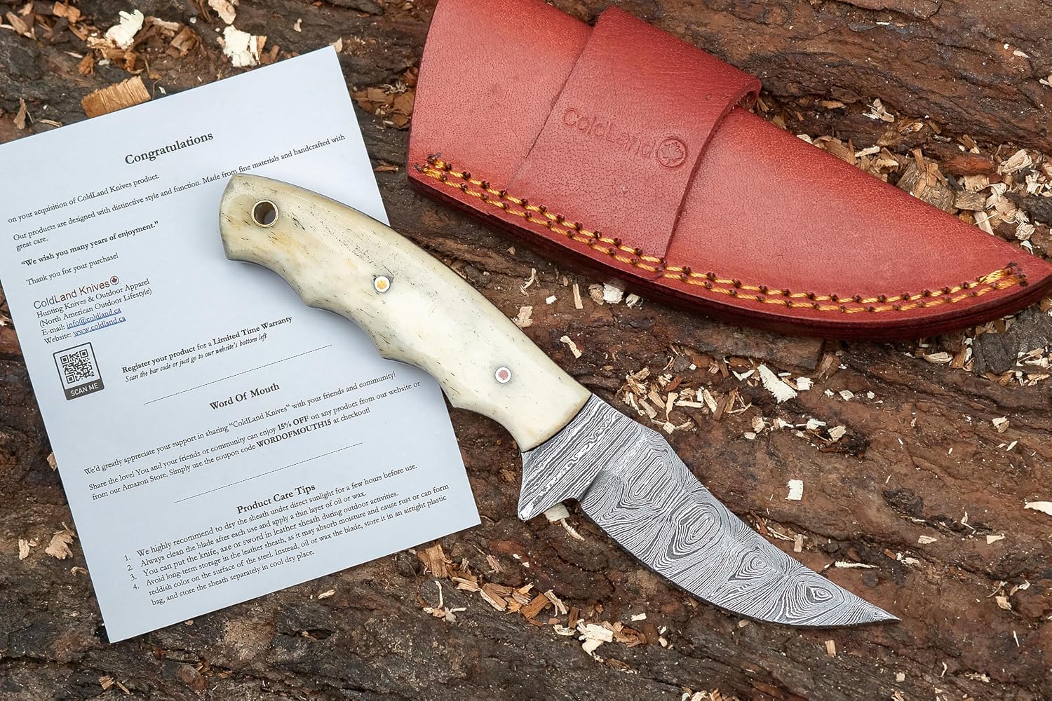 ColdLand Skinning Knife with Sheath - 7.4 Inch Fixed Blade Knife with Camel Bone Handle - Full Tang Hunting Knives for Camping, Hiking & EDC - NMK12