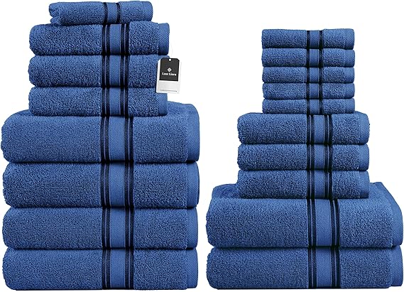 LANE LINEN Luxury Bath Towels Set- 100% Cotton Bathroom Towels, Zero Twist, Quick Dry Shower Towel, Extra Aborbent Bath Towel, Super Soft, 6 Bath Towels, 6 Hand Towels, 6 Wash Cloths - Navy (18 Pack)