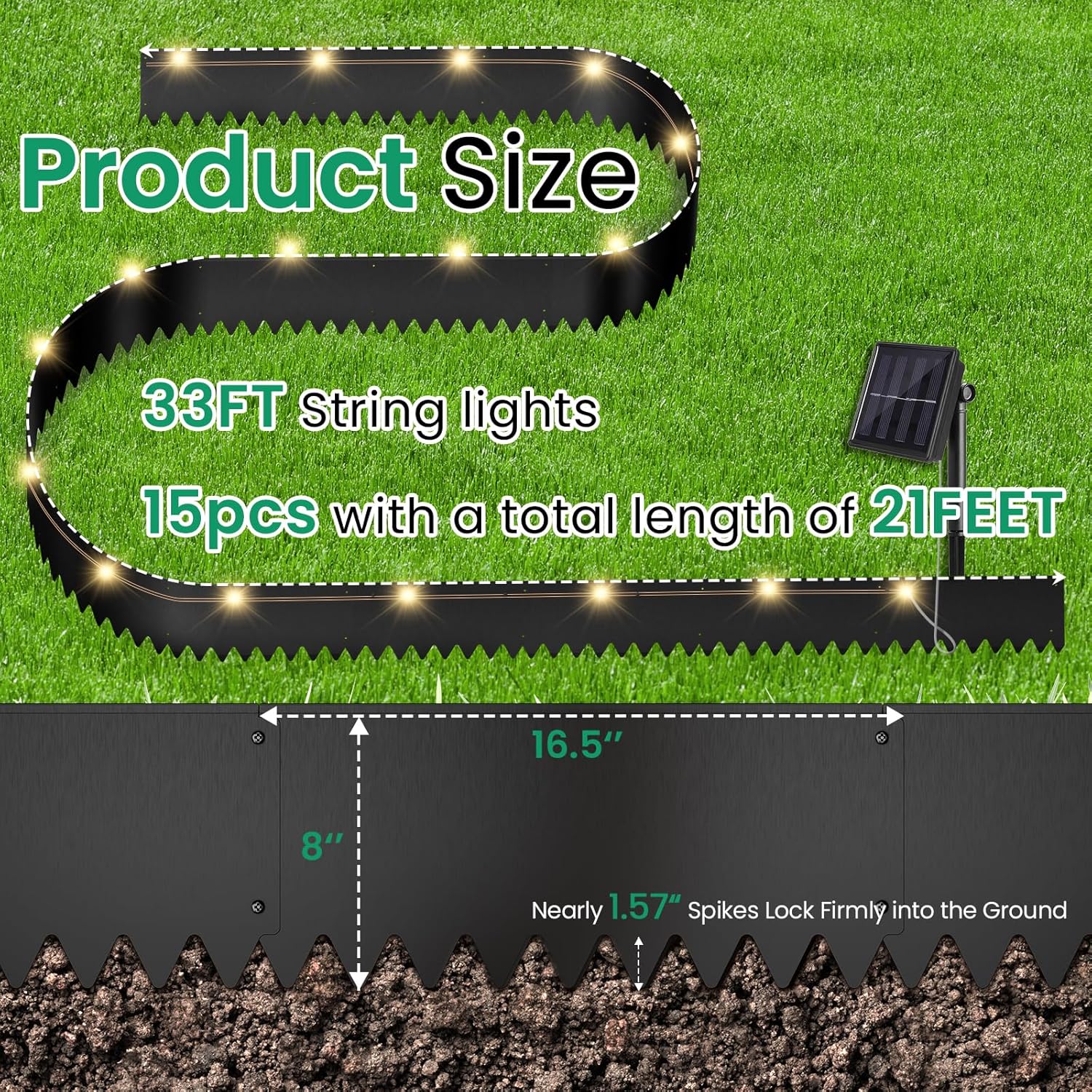 【2025 New】 21ft. Metal Landscape Edging with Lights 15 Pack - 16.5"x8" Galvanized Steel Garden Border with Rolled Top & Curved Serrations - Flexible Bendable Rustproof Edging for Lawn Flower Bed Yard