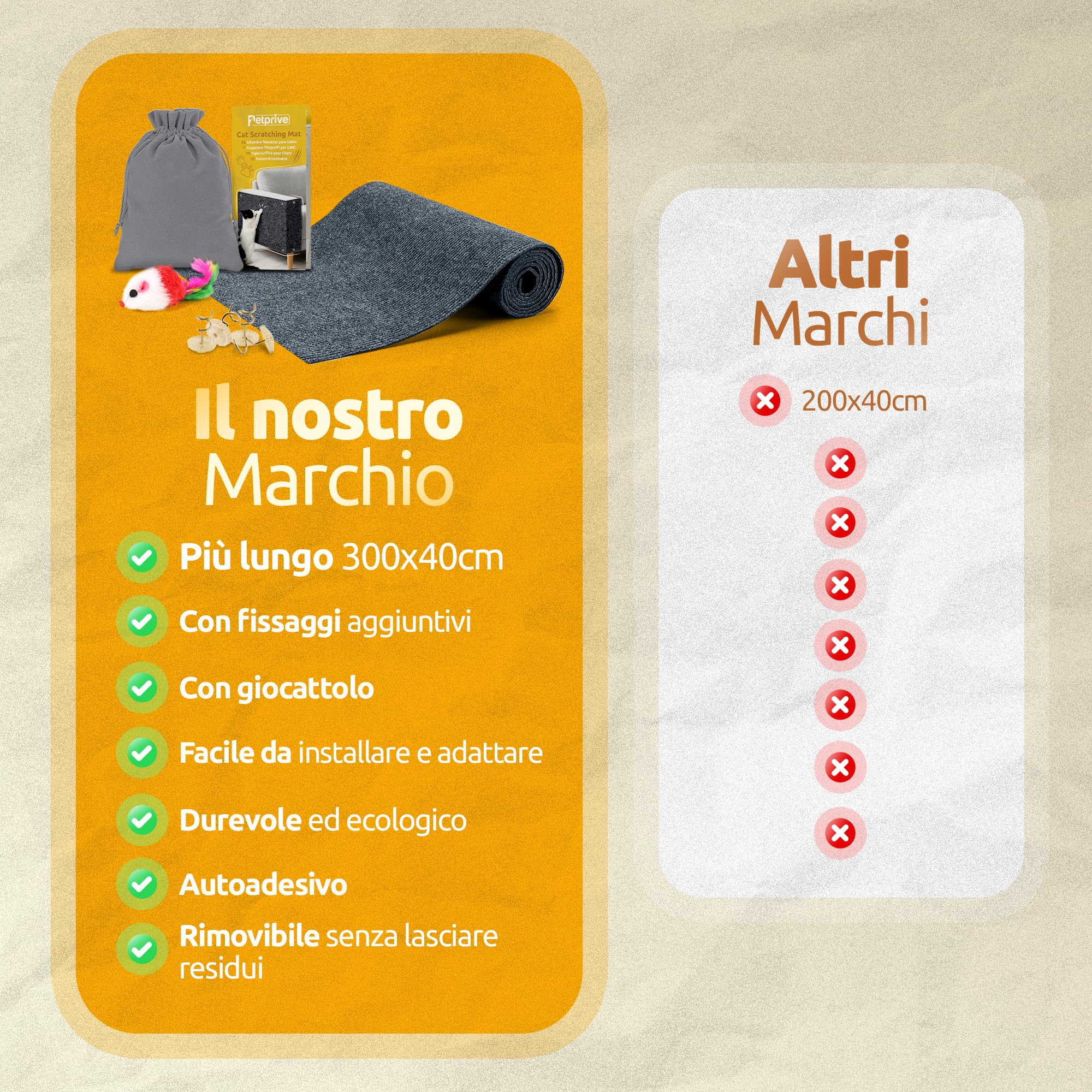 Tappeto Tiragraffi per Gatti Grandi e Piccolo 300x40cm XL Autoadesivo, Grigio Bluastro, Protezione Divano e Mobili con Giocattolo - Tiragraffi Per Gatti Adulti Xxl - Protezione Divano Graffi