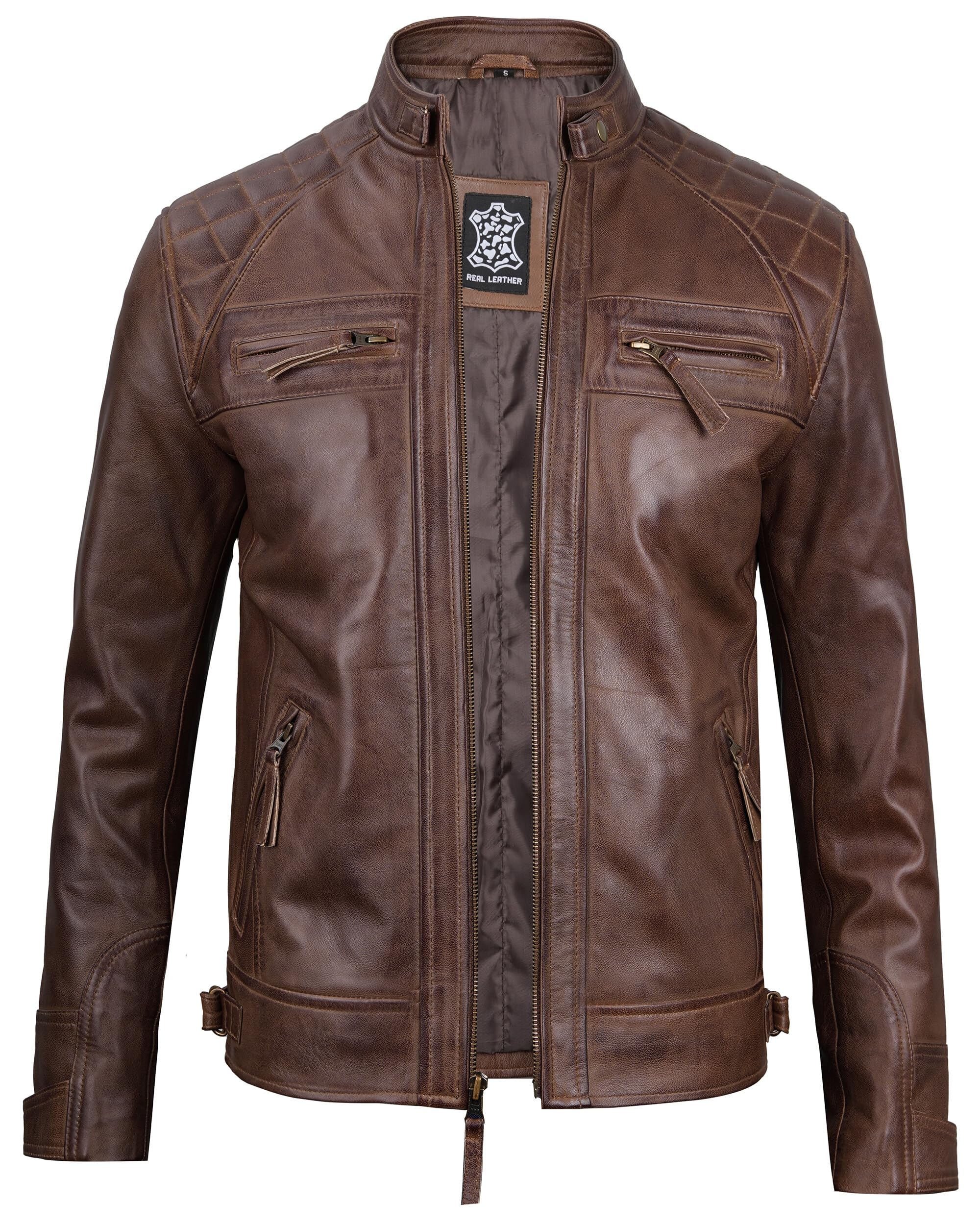 Blingsoul Men's Leather Motorcycle Style Jacket - Quilted Cafe Racer Biker Style Jacket for Men
