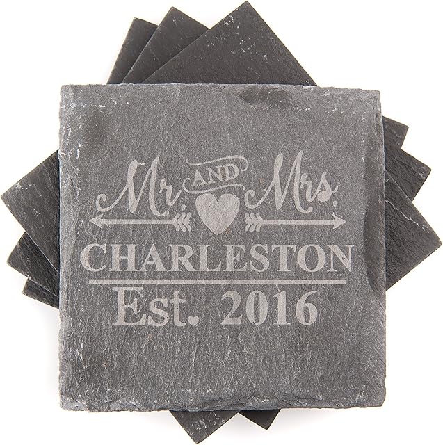 Personalised Wedding Gift Engraved Set of 4 Natural Slate Mr & Mrs Coasters Wedding Gifts for Bride and Groom Couple Quirky Present for a Couple Engagement Anniversary