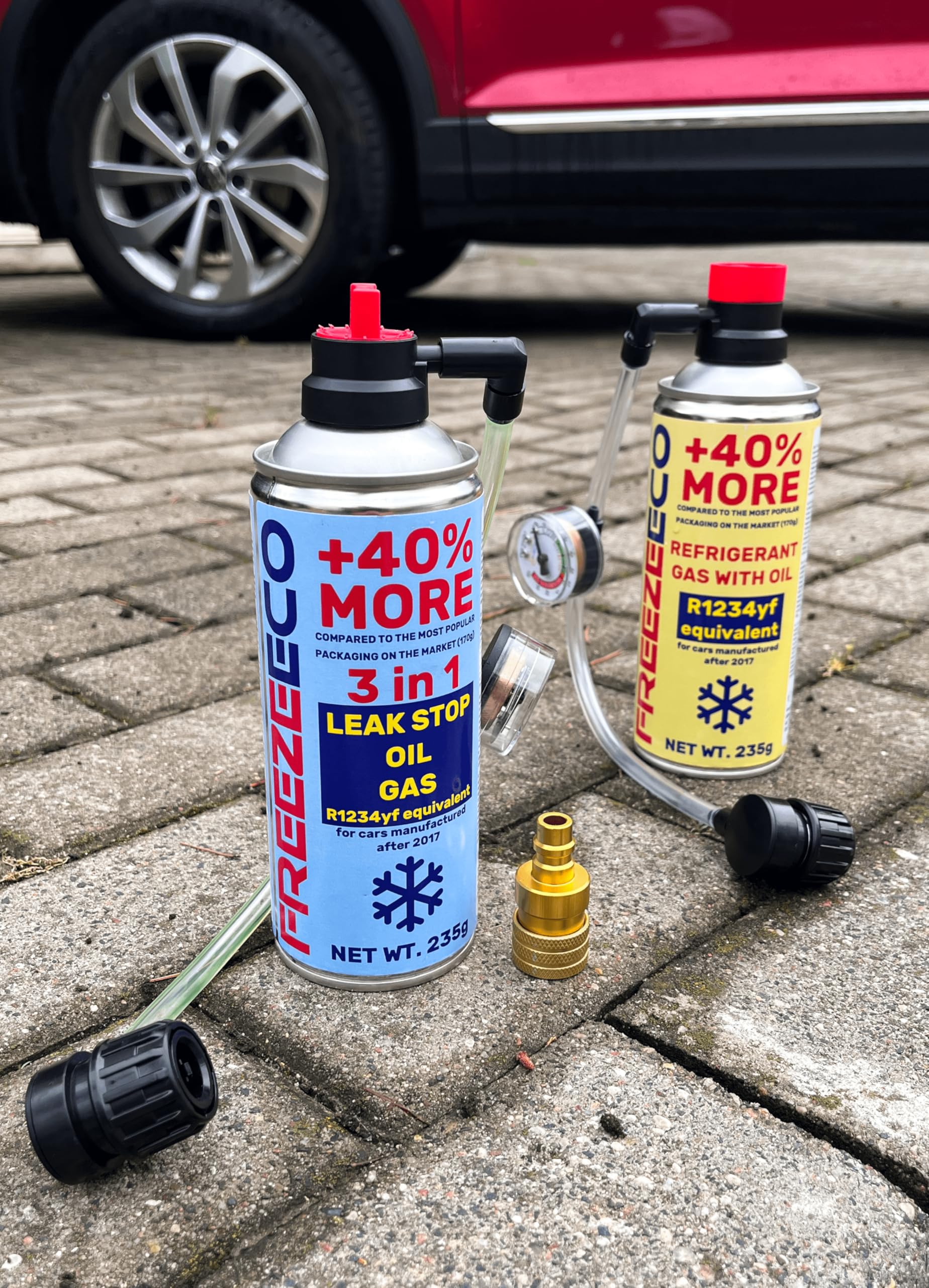 HOBBY, sustituto r1234yf, Sellador, refrigerante para aire acondicionado de automóviles, equivalente a 660 g, 1 lata, 2 en 1, 235g, con Manguera integrada con manómetro y Adaptador