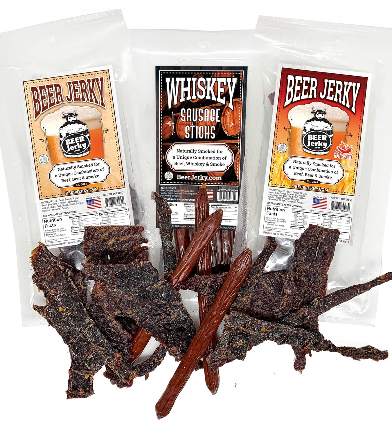 BeerJerky.com - Variety Packs - Beef Jerky and Sausage Sticks Marinated in Beer, Wine or Whiskey (Beer & Hot Beer Jerky/Whiskey Sausage)