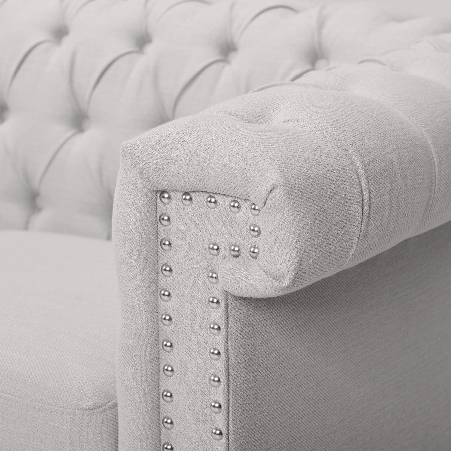 Side view of the GDF Studio Noble House Parkhurst Tufted Chesterfield Fabric Sofa with dimensions.