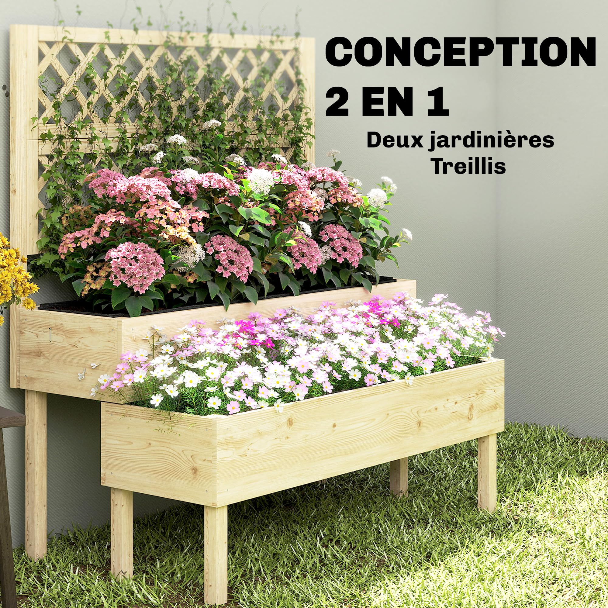 Outsunny Jardinière à 2 Niveaux avec Treillis, bac à Fleurs, lit surélevé avec Tissu Non tissé, pour Plantes grimpantes, légumes, Bois, intérieur et extérieur, 108 x 62 x 120 cm Effet Bois Naturelle