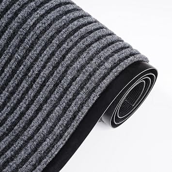 WLWLEO Commercial Non Slip Floor Mat Indoor Outdoor Entrance Doormat Carpet Heavy Duty Striped Runner Rug Shoe Scraper Mat for Hallway Kitchen Office Hotel High Traffic Area,Gray/Grey,0.95M/316.4FT