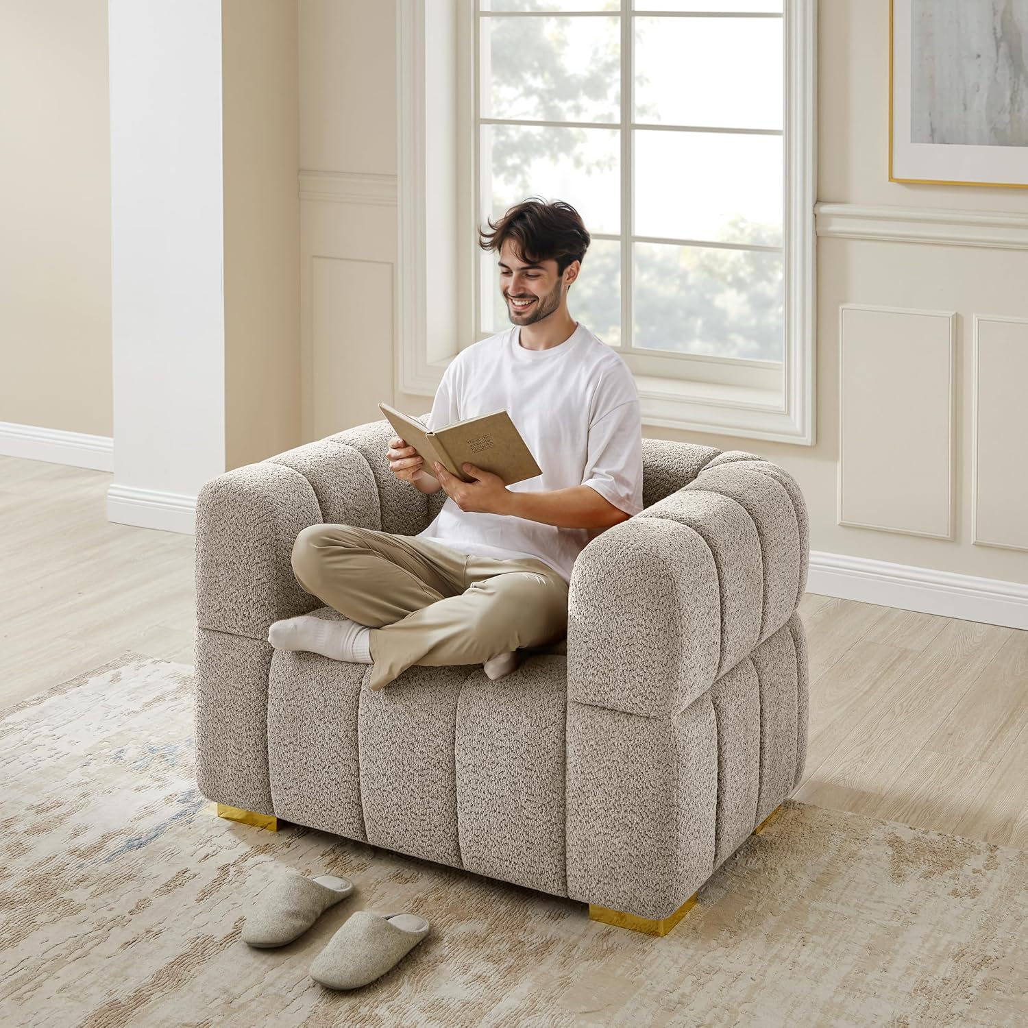 VANOMi 90.94”Cloud Sofa Couch, Modern Deep Seat Boucle Sofa, Oversized Upholstered 3-Seater Comfy Couch Loveseat for Living Room, Bedroom, Office, Apartment, Camel (1 Piece)