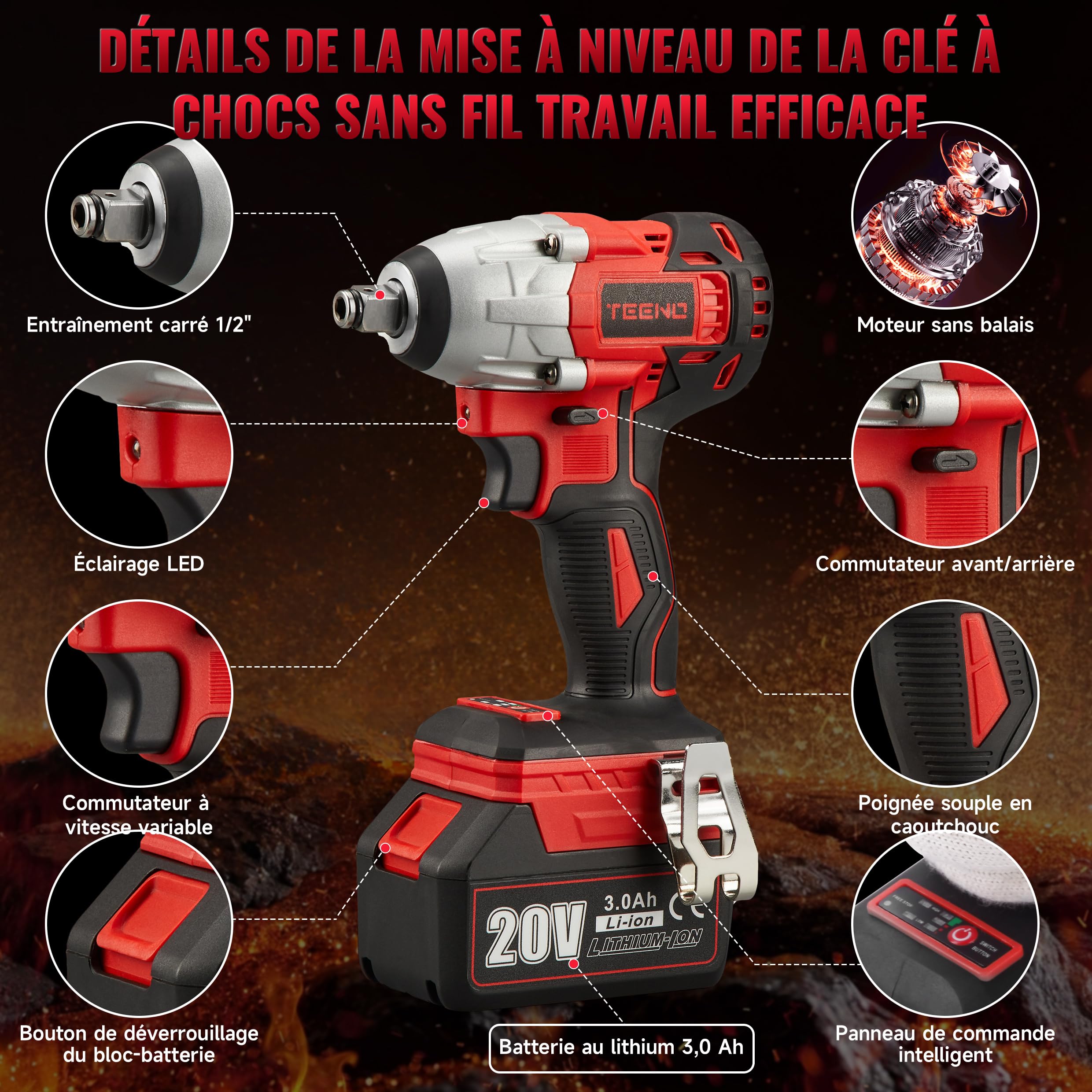 TEENO Brushless Clé à chocs sans fil, 320Nm Boulonneuse a Choc avec 3.0Ah Batterie, Boulons de Roue, Boîte avc 25pcs Accessoires
