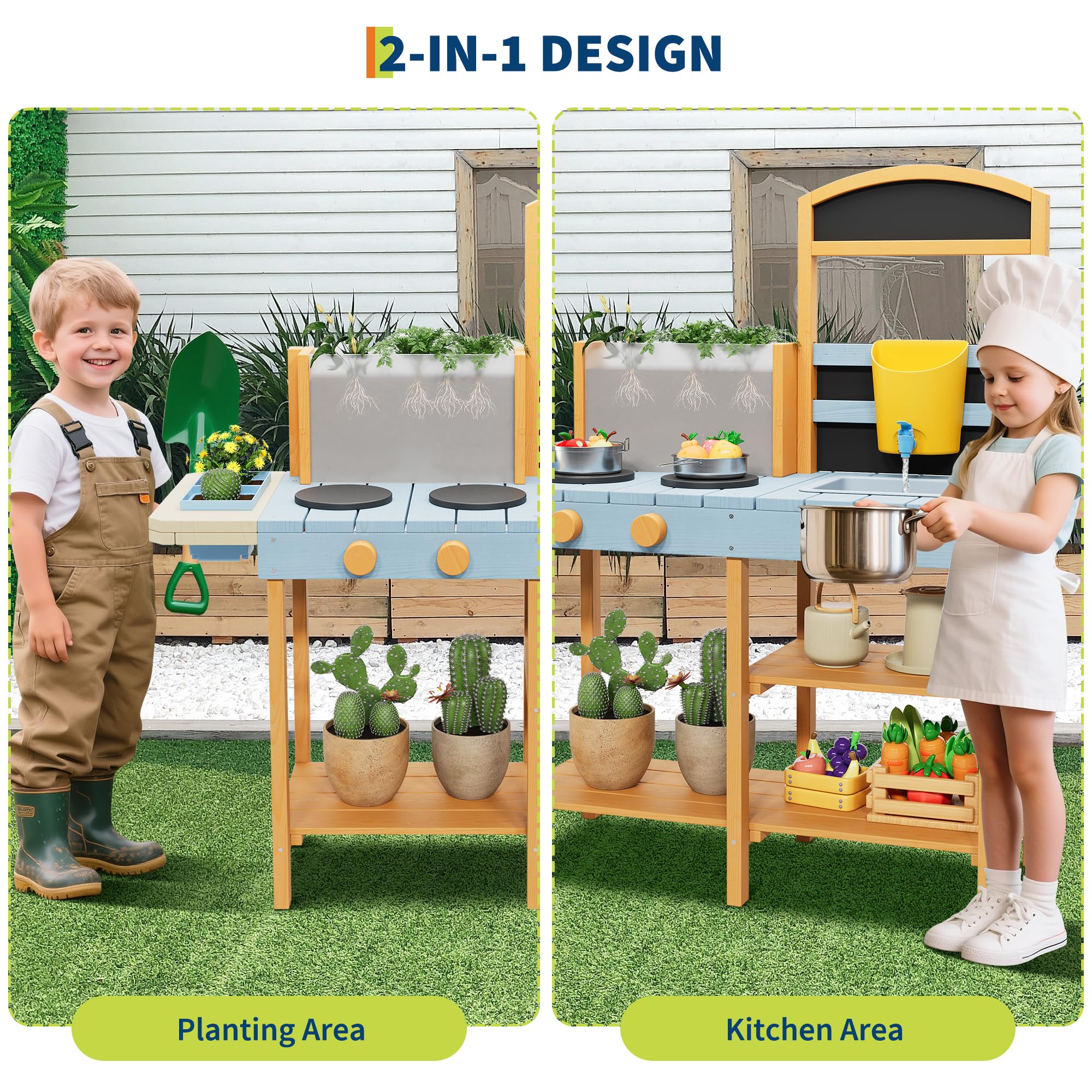 2-in-1 Outdoor Holz-Matschküche für Kinder ab 3 Jahren – Spielküche mit Kreidetafel, abnehmbarem Waschbecken, Wasserhahn, Pflanzkasten, Aufbewahrungsregalen und Herd – Sensorik-Spielset für