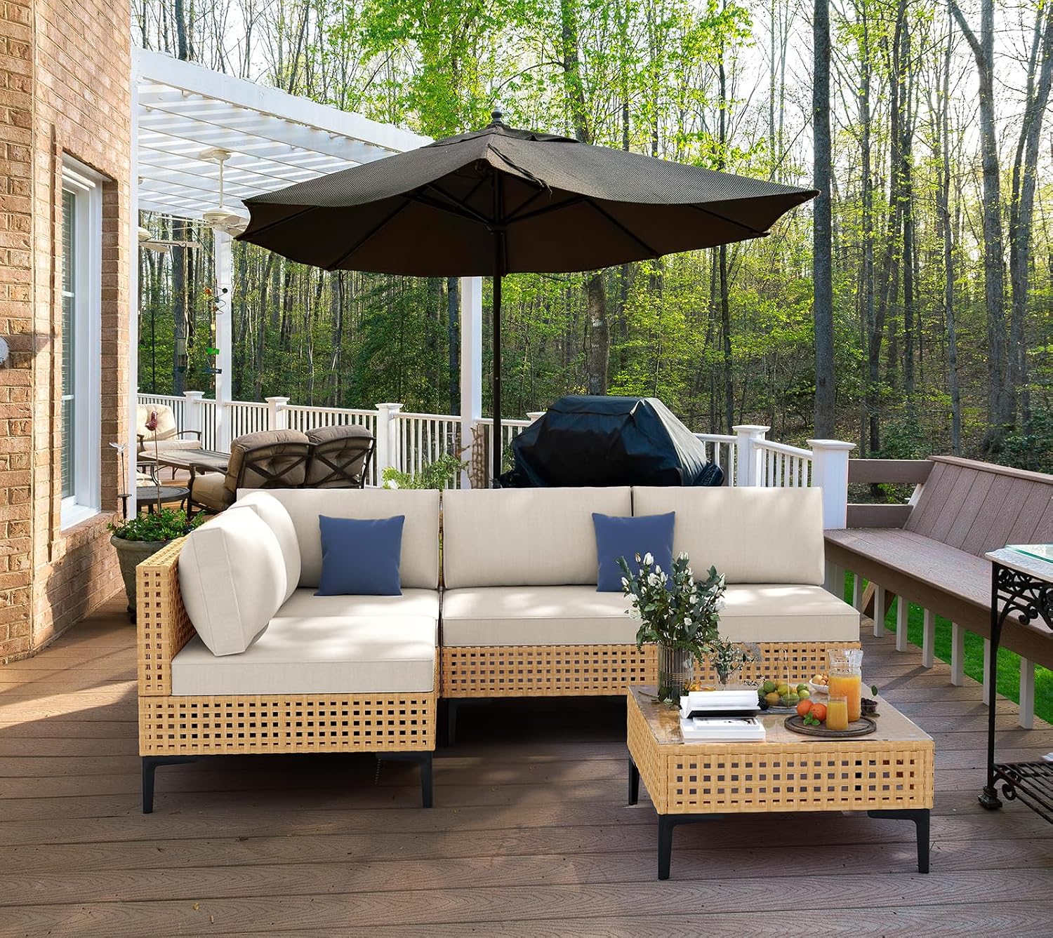 Outdoor Sectional 5 Piece Patio Furniture Set Free Combination Outdoor Couch with Thick Cushion All Weather Wicker Patio Conversation Sets for Backyard, Deck, Poolside