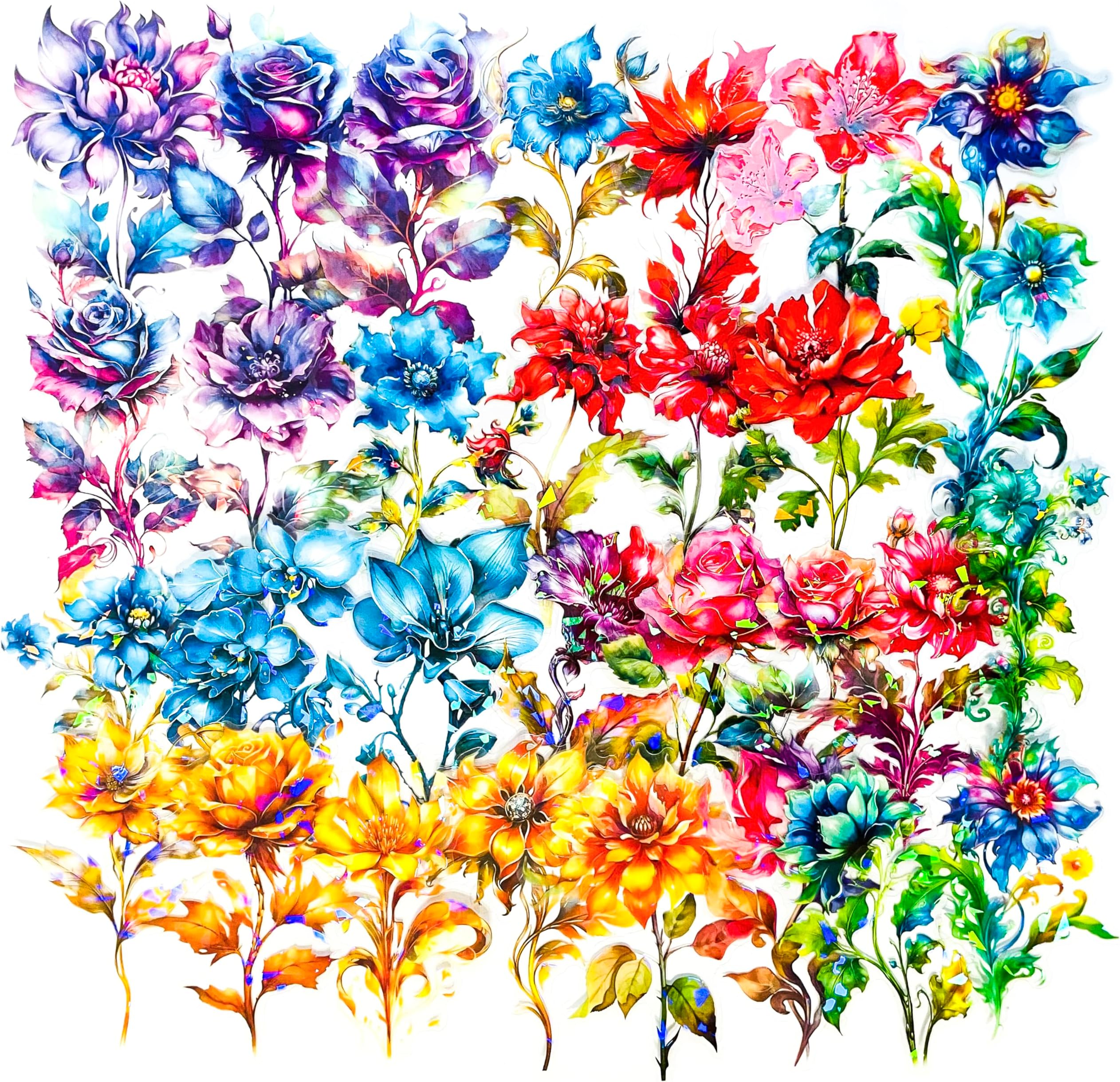 Yoksas Large Holographic Shiny Fantasy Flowers Stickers - 30Pcs Waterproof Clear Glitter Floral Scrapbook Stickers for Junk Journals,Planner,Resin Art Supplies