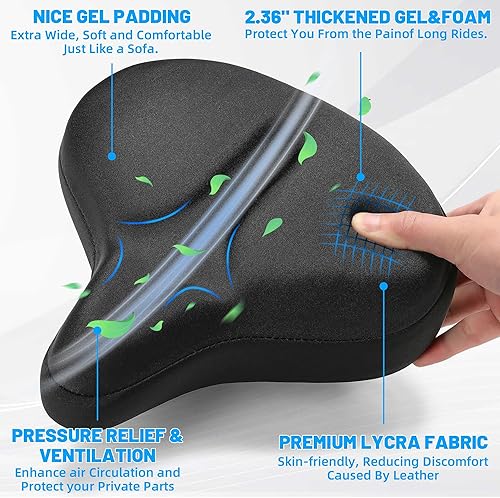 Miniatura 3 de Asiento de Bicicleta de Gran Tamaño para Hombres y Mujeres, Cómodo y Acolchado con Gel, Cojín de Asiento de Bicicleta Extra Ancho, Silla de Repuesto