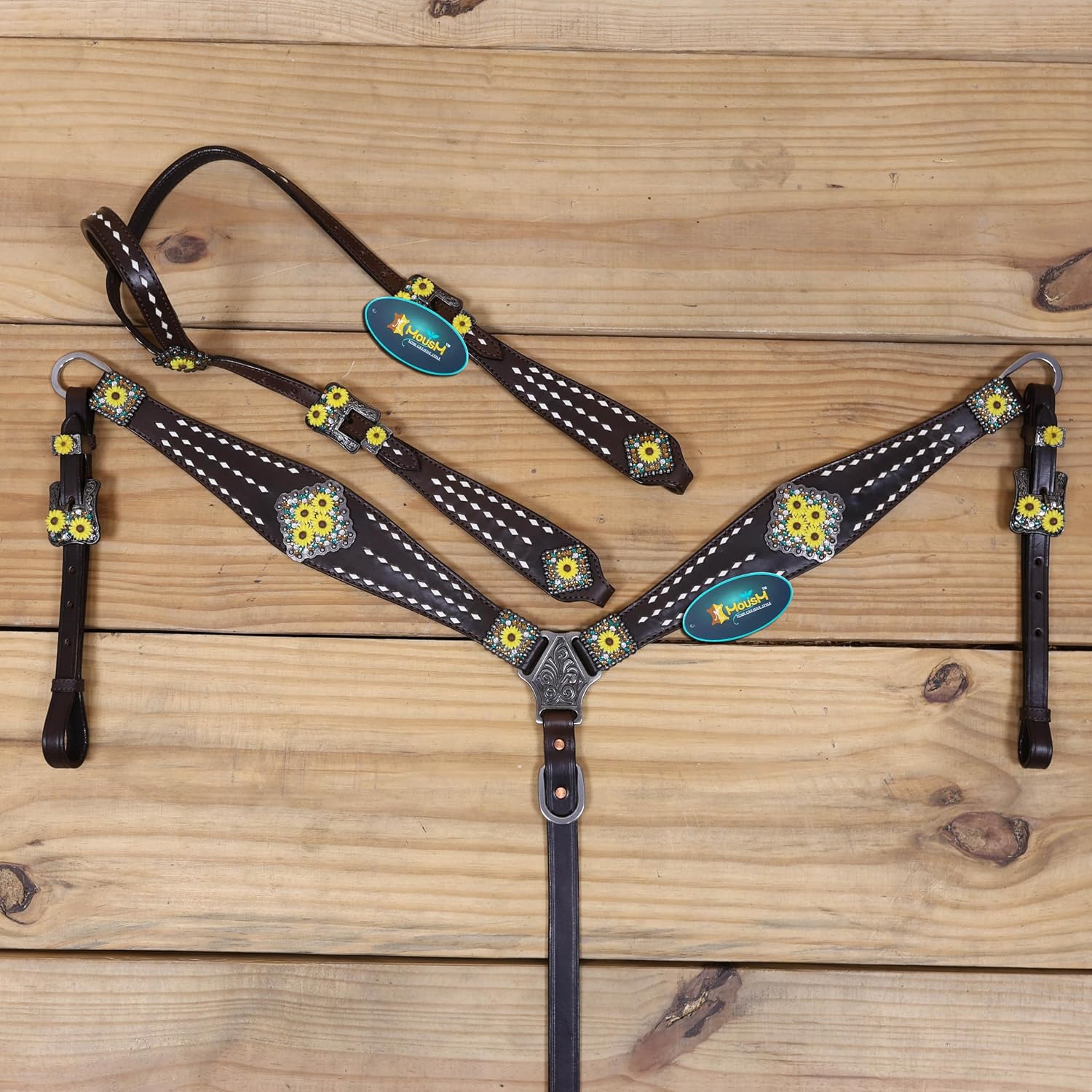 Western Leather Headstall and Breast Collar Tack Set – Sunflower Conchos & Buckles with Rawhide Buck Stitching – Antique Nickel Hardware – Handcrafted