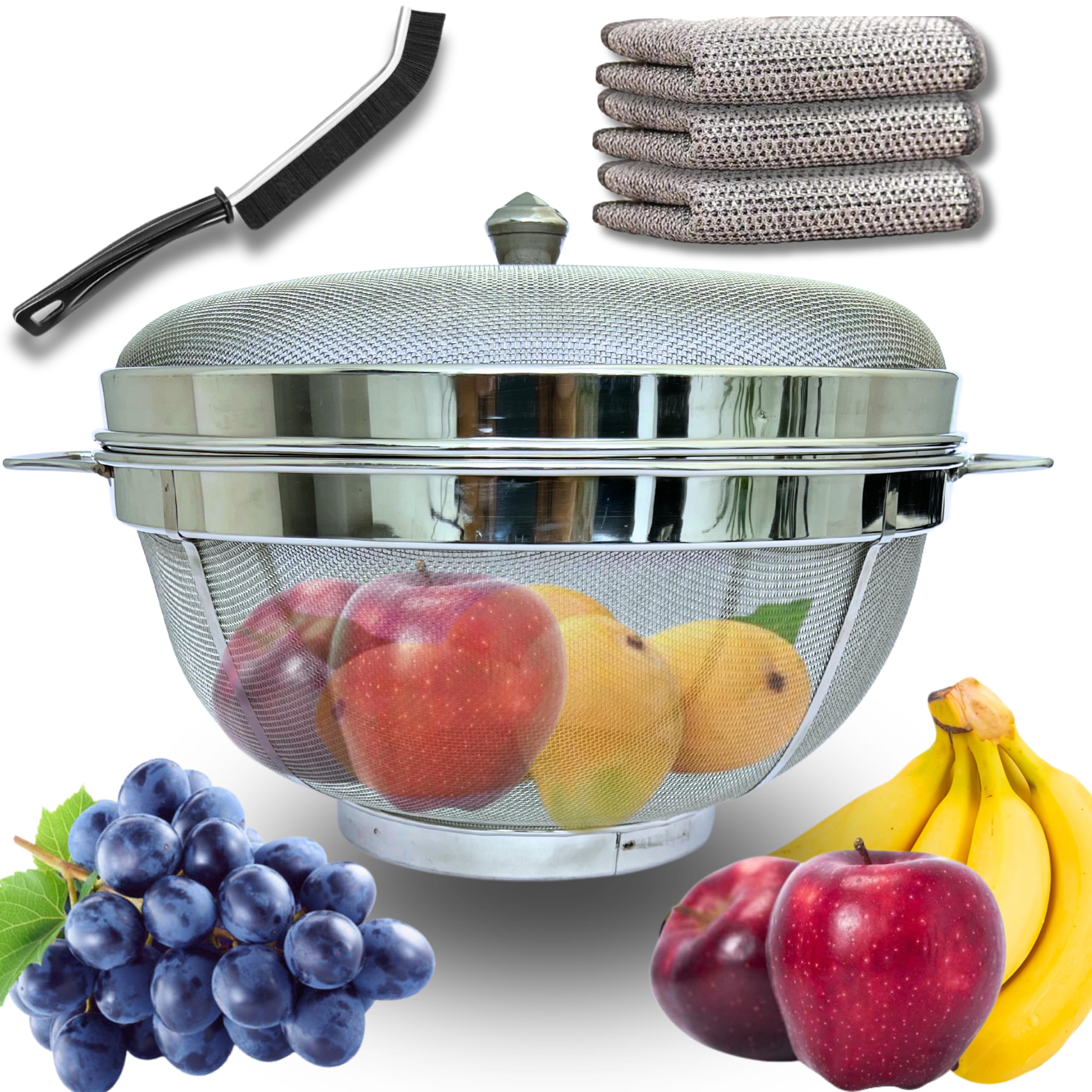 Febzona Fruit basket with lid net cover stainless steel fruit vegitable storage basket for dining table kitchen home (XL)-picture-22