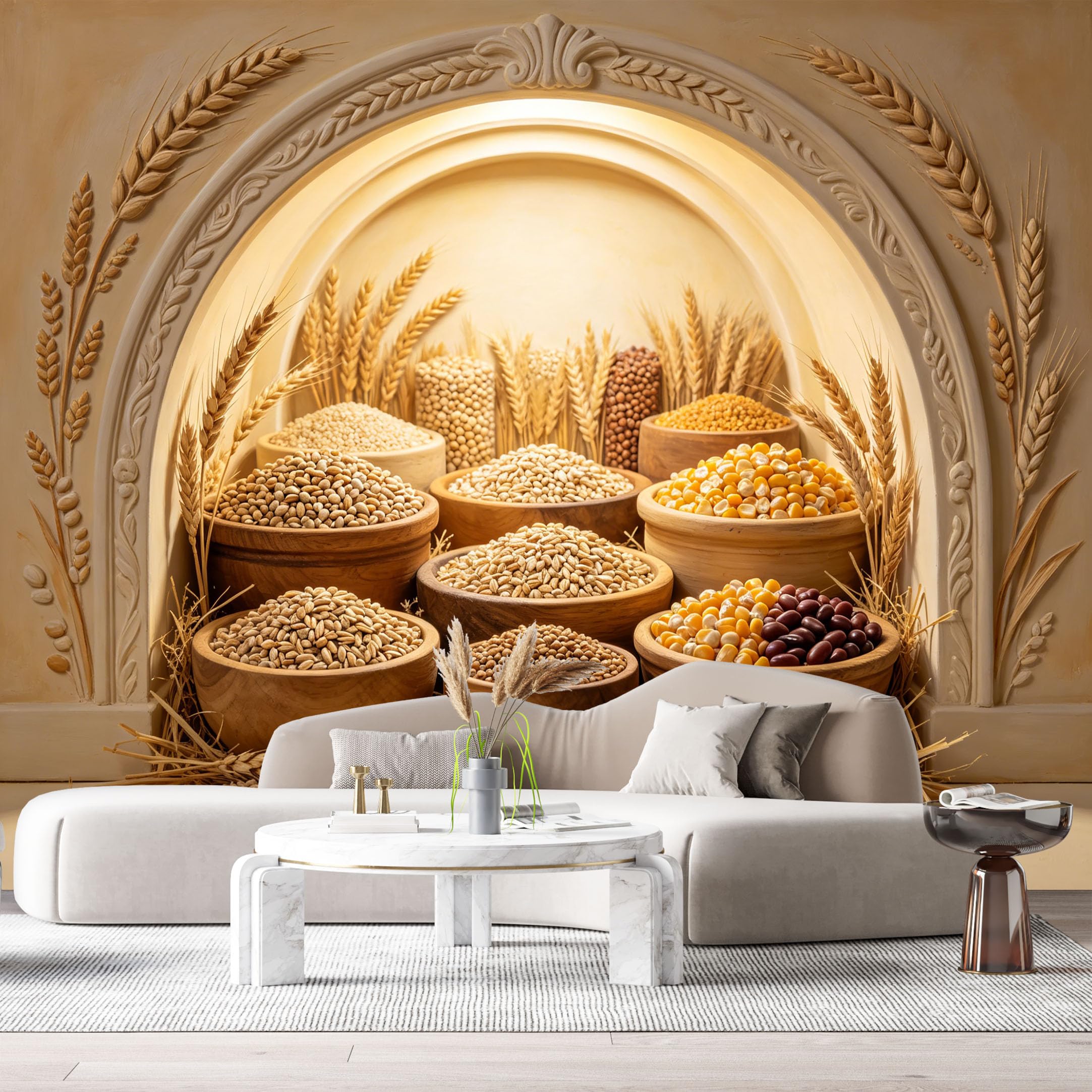 Custom Size Wall Murals Farmhouse Harvest Wheat Grains Bowls 3D Trompe L'Oeil SelfAdhesiveWall Fabric Removable Wallpaper Wall Decor for Living Room Bedroom Bathroom