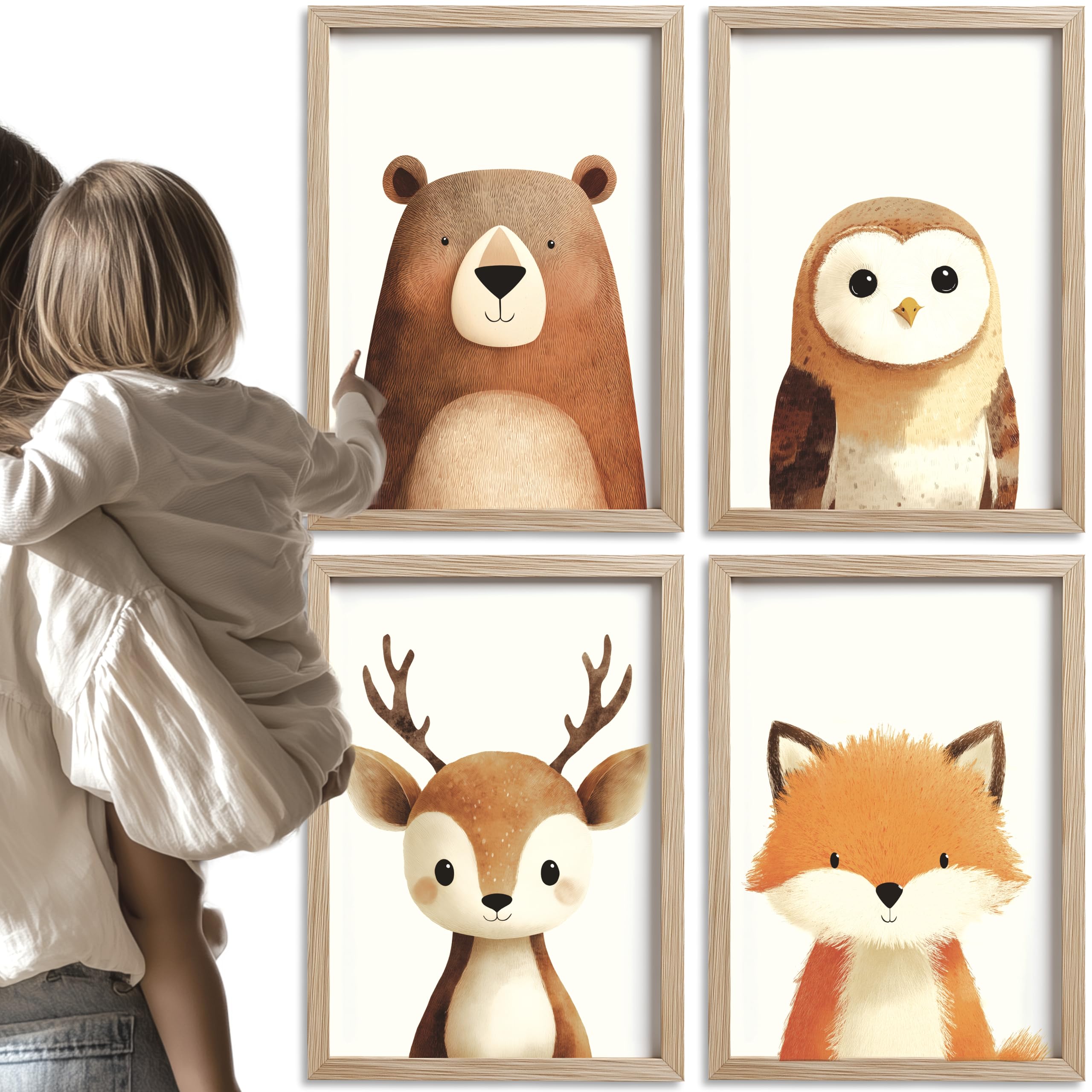 PACKLIST® Set 4 Quadretti Cameretta Neonato – Poster Animali del Bosco (Orso, Volpe, Cervo, Gufo) – Stampe A4 Premium 250g – Decorazione Parete Bambini Senza Cornice – Idea Regalo Nascita
