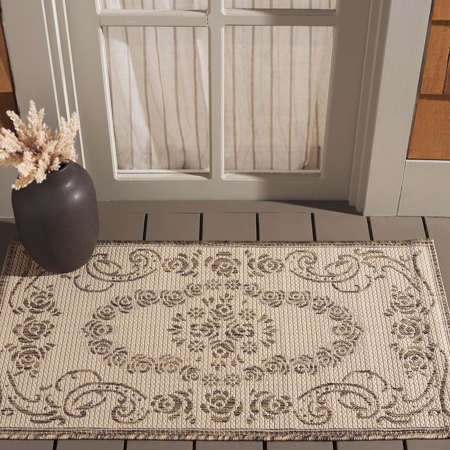 SAFAVIEH Washable Rug Outdoor Courtyard Collection - 2' x 3'7", Natural & Brown, Non-Shedding & Easy Cleaning, Ideal for Patio, Front Door, Entryway, Doormat (CY1893-3001)