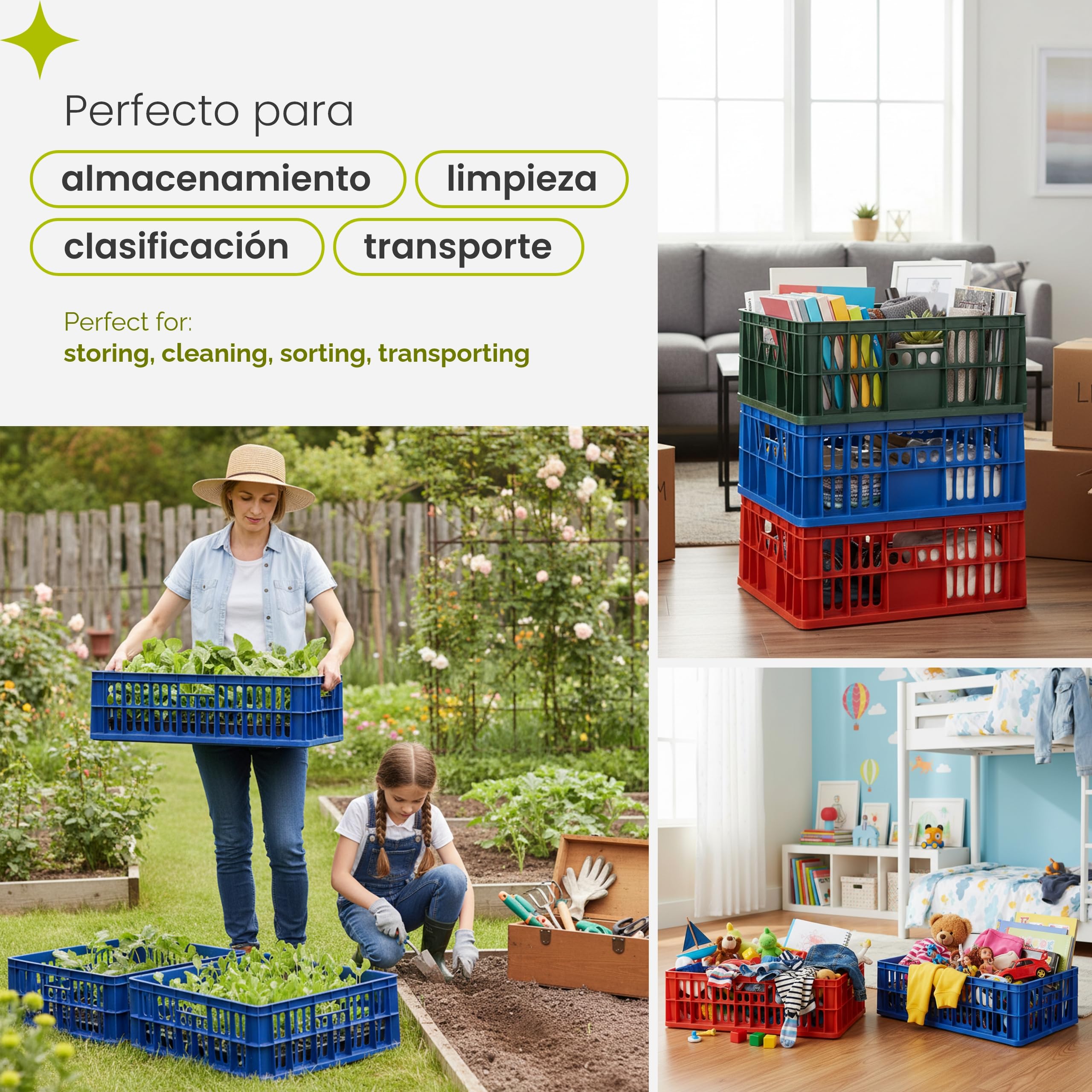 Garronda Cajas Almacenaje Plástico Grande 69x47x20 cm - Organizadoras HDPE Perforada 64L, Apilables y con Asas, Resistente para Almacén, Garaje y Transporte Profesional GD-0190 (Pack de 4, Verde)