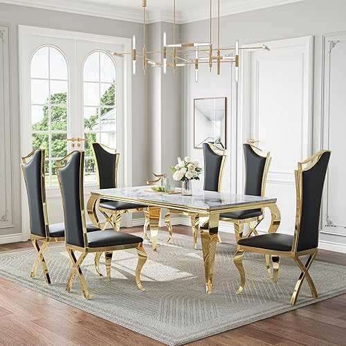 Vista 33 de Juego de mesa de comedor de mármol para mesa de cocina de mármol sintético blanco de 6,70 pulgadas y sillas de terciopelo para 6,7 piezas de mesa