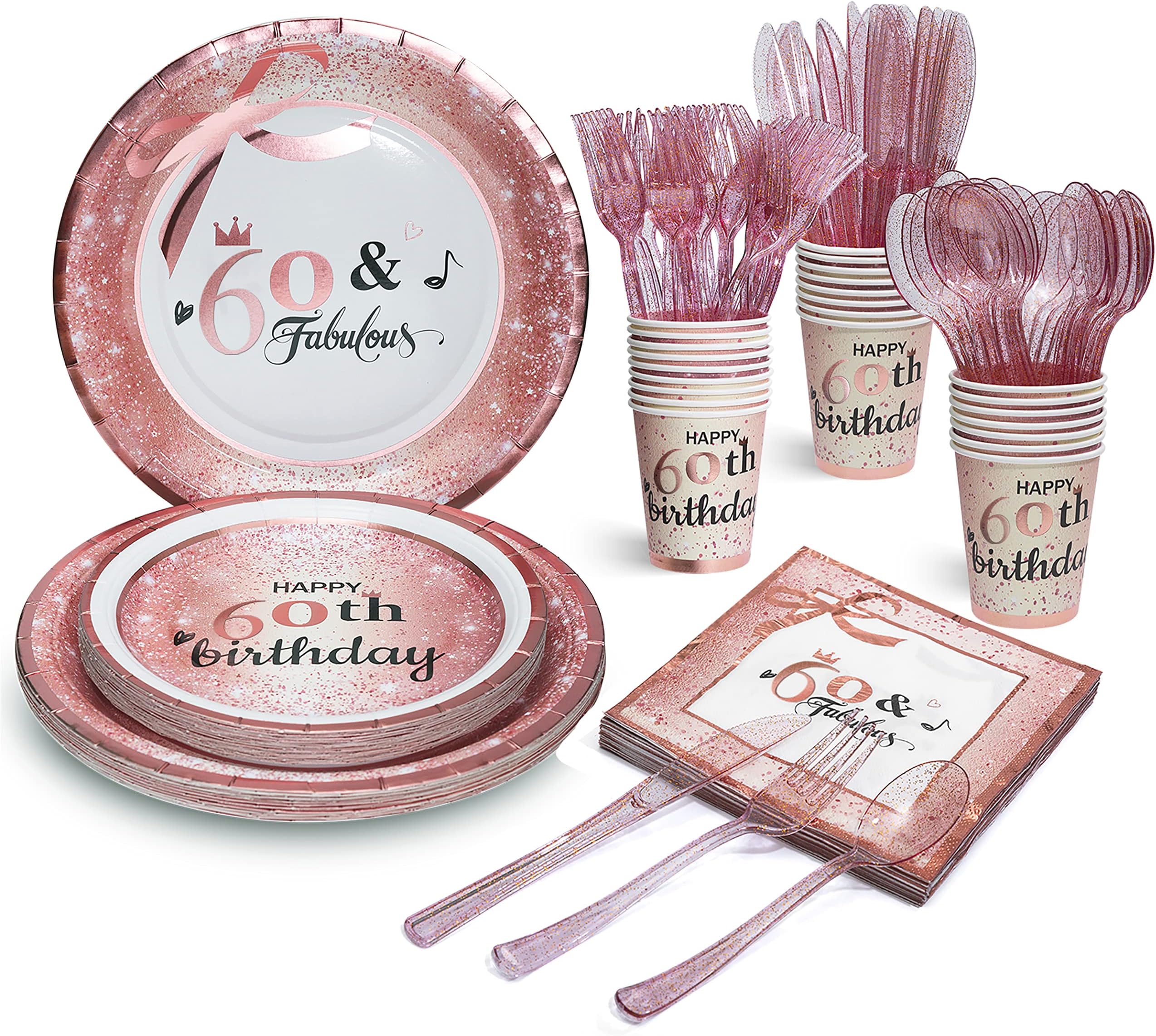 HOMIX60 and Fabulous Party Plates Napkins Cups Sets Rose Gold with Plastic Cutlery Sets Serves 24 for Women 60th Birthday Party Supplies and Decorations