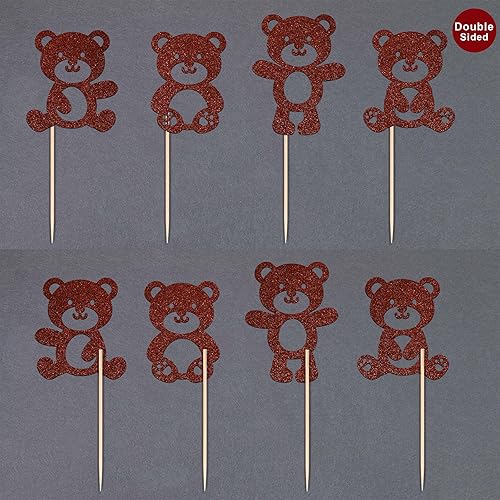 Miniatura 4 de 24 piezas de decoración para cupcakes de oso de bebé, con purpurina marrón, de doble cara, lindos osos para cupcakes, decoración de pasteles de