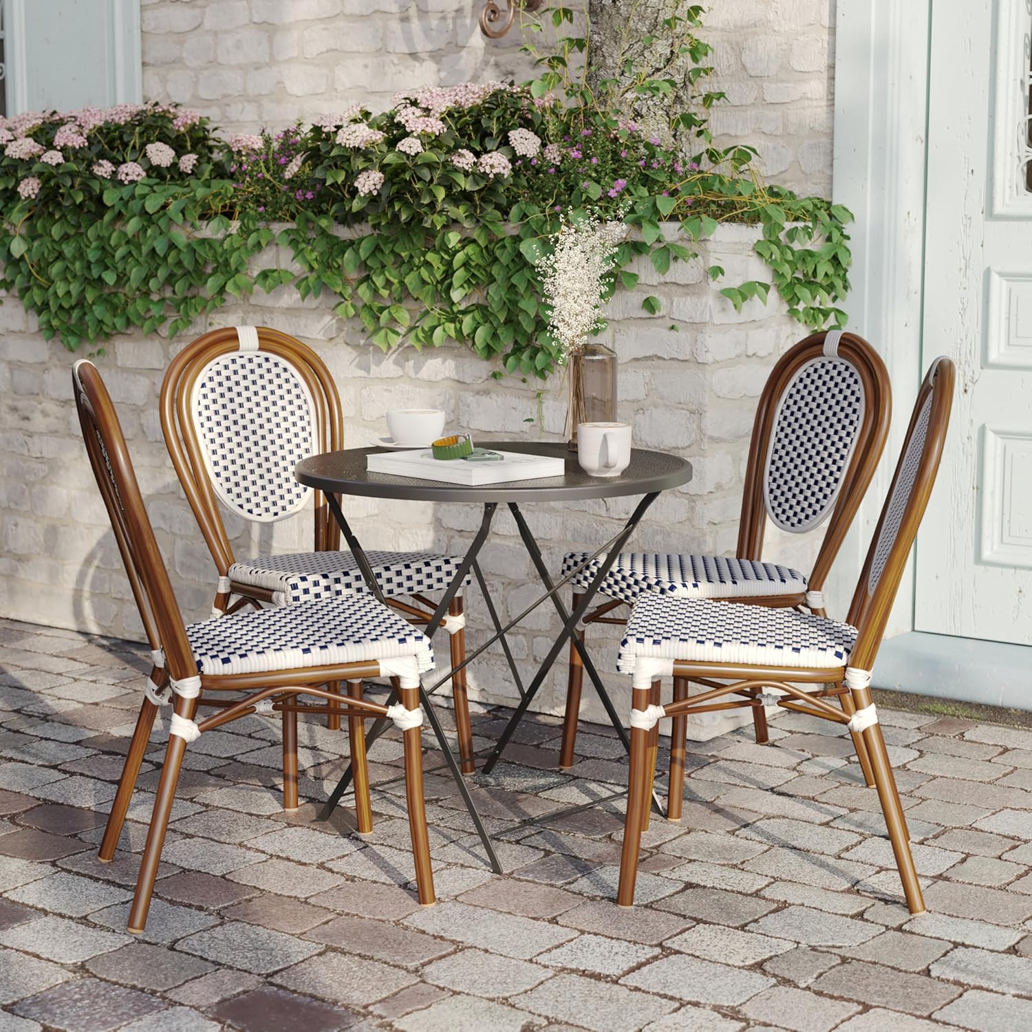 Flash Furniture Lourdes Indoor/Outdoor Commercial Thonet Bistro Stack Chair - White/Navy PE Rattan Back and Seat - Natural Bamboo Print Metal Frame - Set of 4