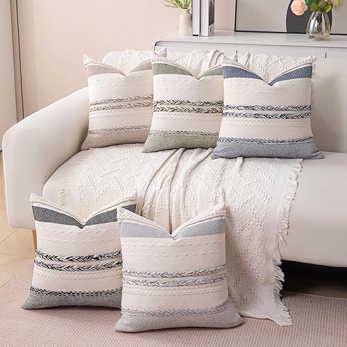 Miniatura 2 de Juego de 2 fundas de almohada decorativas de color azul marino, estilo bohemio, de 20 x 20 pulgadas, a rayas, estilo bohemio, con textura costera