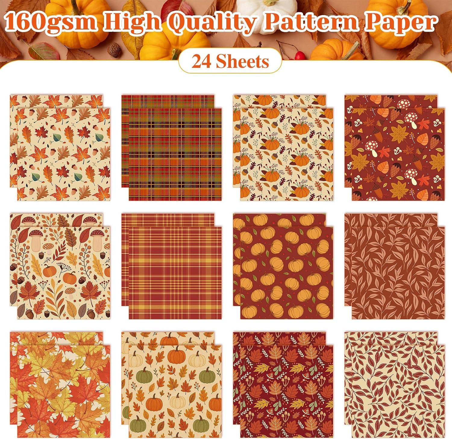 Konsait 24 Sheets Fall Autumn Pattern Paper 5.9"x5.9"Double Sided 12 Designs Pumpkin Maple Plaid Mushroom Acorn Leaf Decorative Paper for Junk Journal Scrapbook Autumn Handmade Crafts