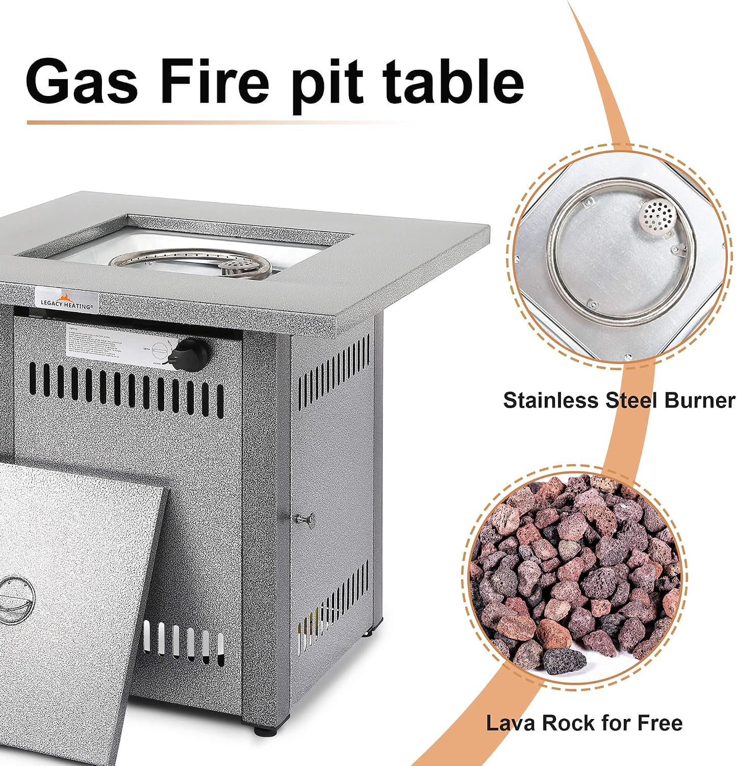 Fire Pit Table, Gas Firepit Square Steel Fire Pit Outdoor Fireplace for Patio with Pulse Ignition System, Small Fire Pit for Deck and Garden, 50000BTU, Silver Grey