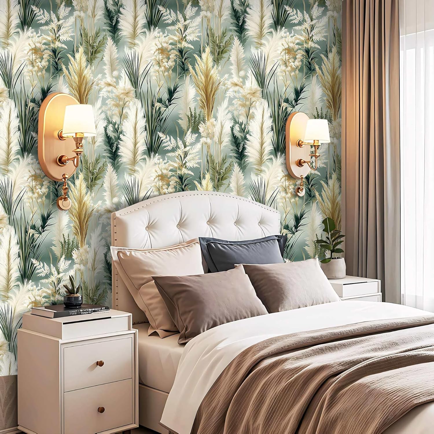 Boho Forest Peel and Stick Wallpaper, Modern Botanical Wallpaper, Self Adhesive Vinyl Wall Paper for DIY Home Decor, 17.7in x 236in