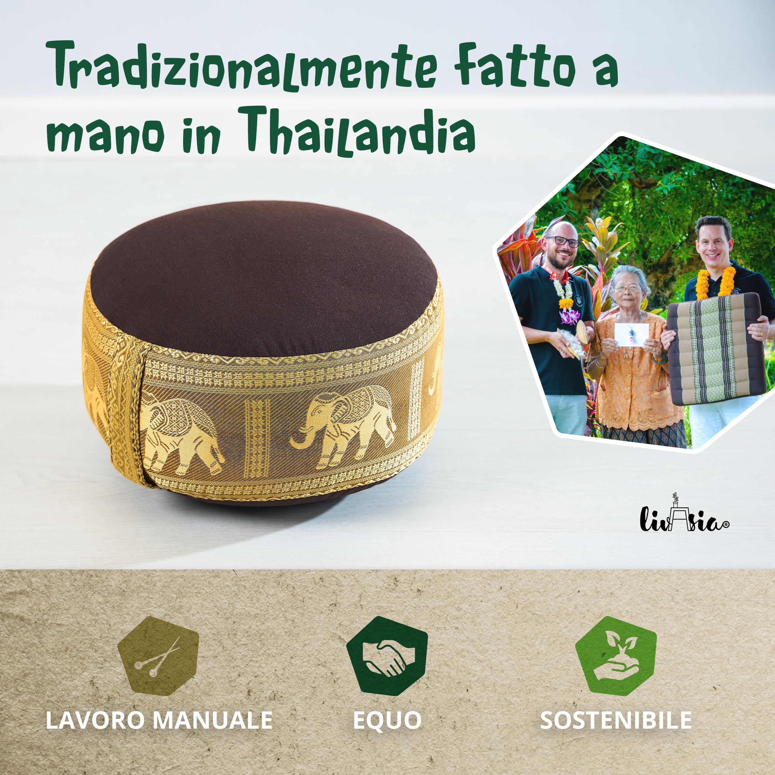 livasia Cuscino da Meditazione Seta thailandese - Ø 32x20cm - Cuscino per Yoga Piccolo kapok, Pouf, Cuscino da Pavimento Yoga Zen, Cuscino Giardino Balcone, Fatto a Mano (Marrone/Oro/Elefanti Seta)