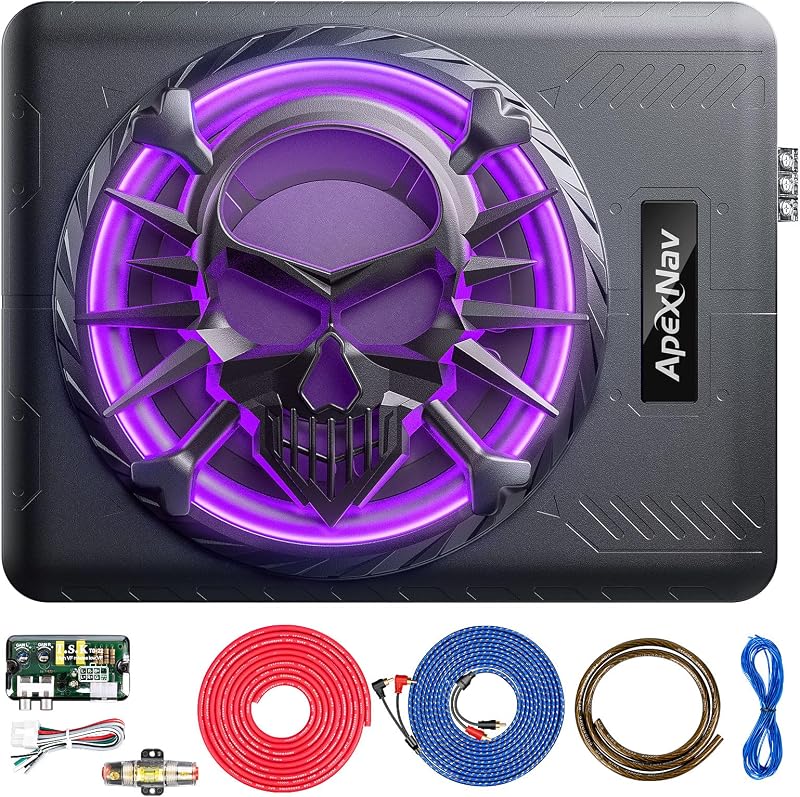 10" 1200W Slim Under Seat Powered Car Subwoofer, Car/Truck Audio subwoofer and amp Package,Pure Bass sub with LED Ambient Light (Subwoofer+Installation Wire Kit)