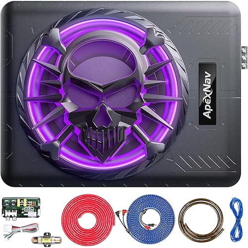 10" 1200W Slim Under Seat Powered Car Subwoofer, Car/Truck Audio subwoofer and amp Package,Pure Bass sub with LED Ambient Light (Subwoofer+Installation Wire Kit)
